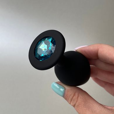 Силиконовая анальная пробка - черная с голубым кристаллом (3,5 см) - фото