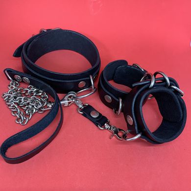 Набір чорний БДСМ: наручники + ошийник з натуральної шкіри - фото