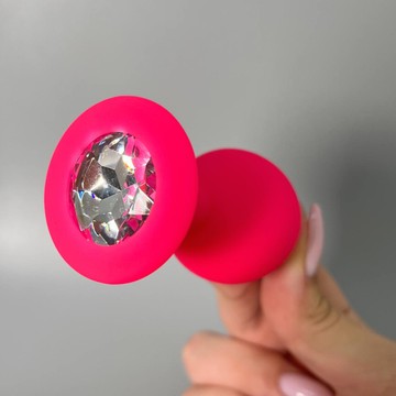 Анальная пробка розовая с кристаллом Loveshop Pink Silicone White (3,5 см) - фото