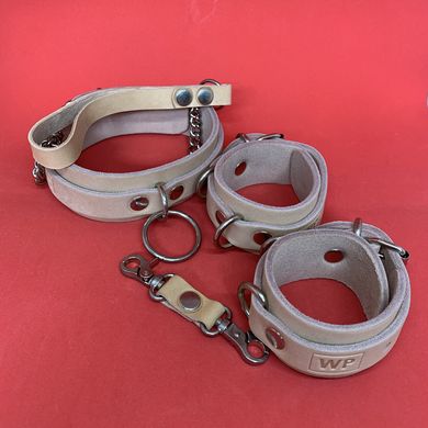Набор бежевый БДСМ: наручники + ошейник из натуральной кожи - фото