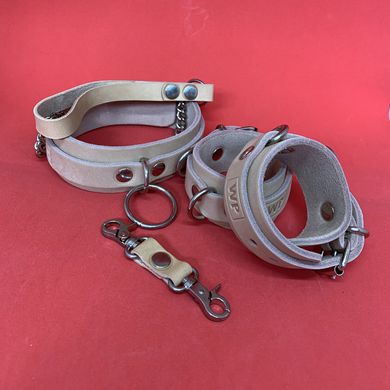 Набор бежевый БДСМ: наручники + ошейник из натуральной кожи - фото