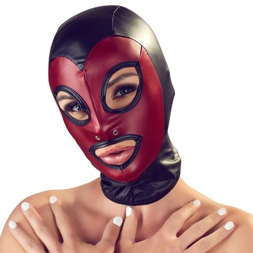 Маска для БДСМ черно-бордовая с открытыми глазами и ртом Bad Kitty Open mouth and eyes BDSM head mask One Size