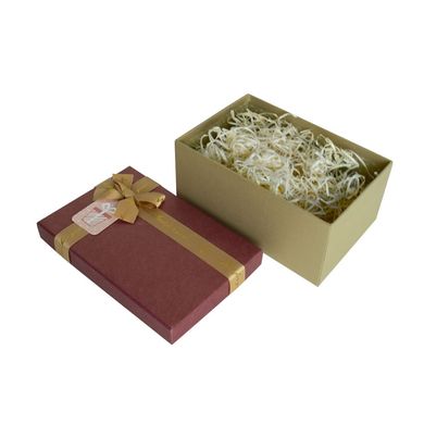 Подарункова коробка з бантом бордово-золота, S - фото