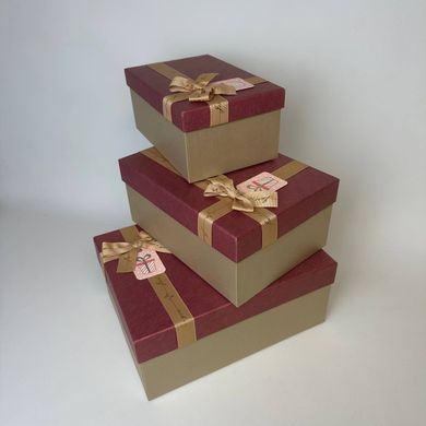 Подарочная коробка с бантом бордово-золотая, S - фото