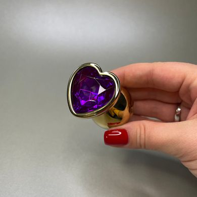 Золота анальна пробка сердечко з фіолетовим кристалом (2,8 см) - фото