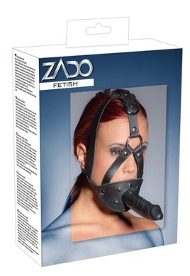 Маска з кляпом з подвійним фалоімітатором Zado Leather Head Harness with Dildo Black - фото