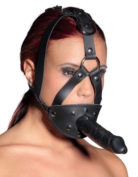 Маска з кляпом з подвійним фалоімітатором Zado Leather Head Harness with Dildo Black - фото