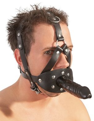 Маска с кляпом с двойным фаллоимитатором Zado Leather Head Harness with Dildo Black - фото