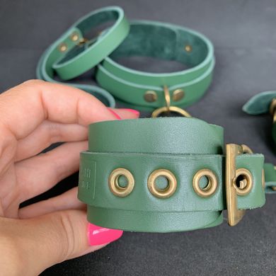 Набор зеленый БДСМ: наручники + ошейник из натуральной кожи - фото